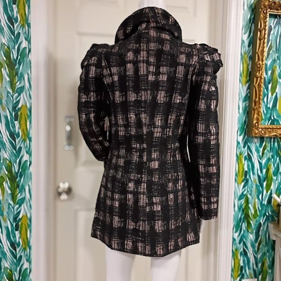 Samuel Dong Black & Mauve Plaid Coat S With Puff Sleeves  Button Front - Picture 4 of 11
